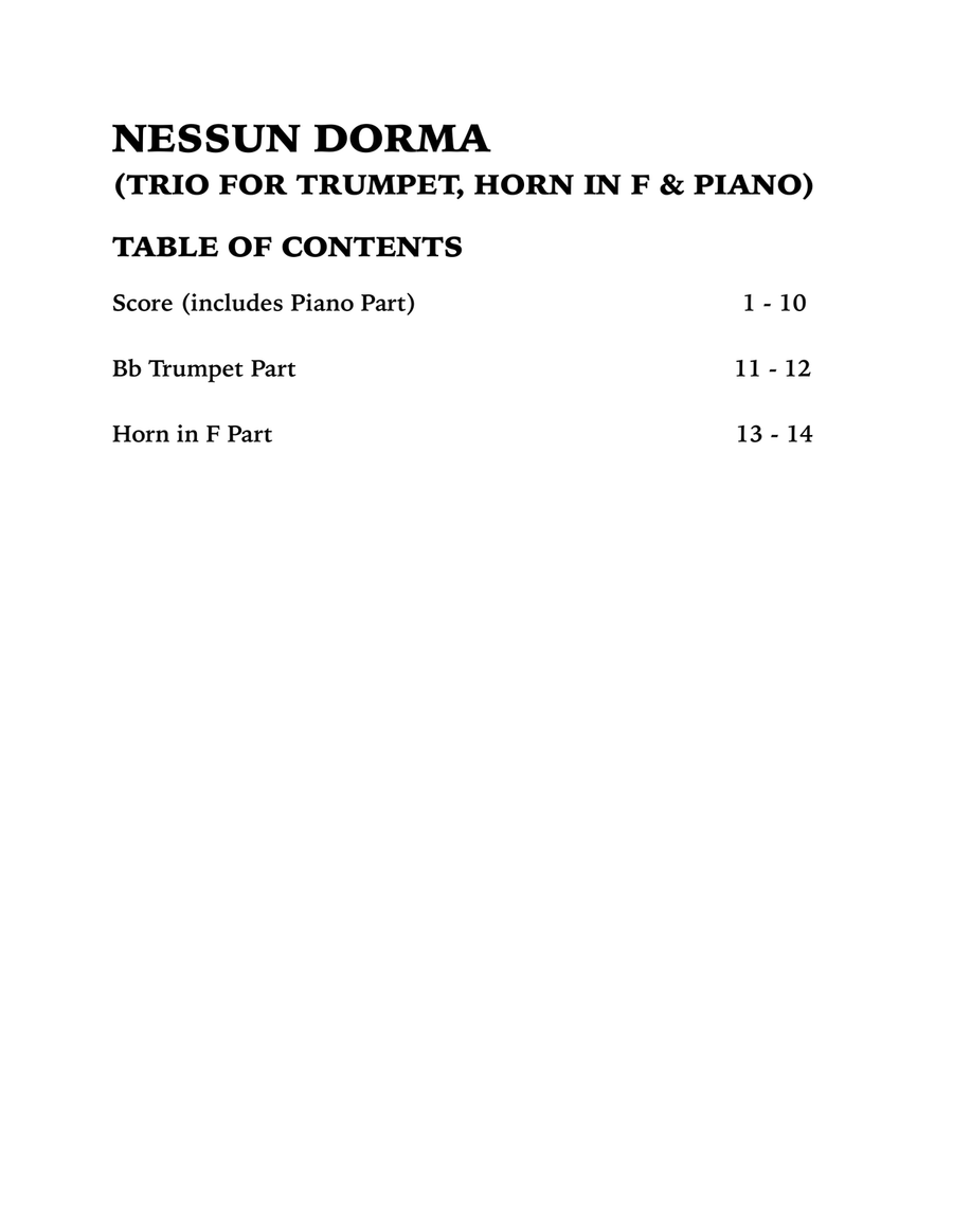 Nessun Dorma (Trio for Trumpet, Horn in F and Piano) Brass Trio scores gallery preview page 4