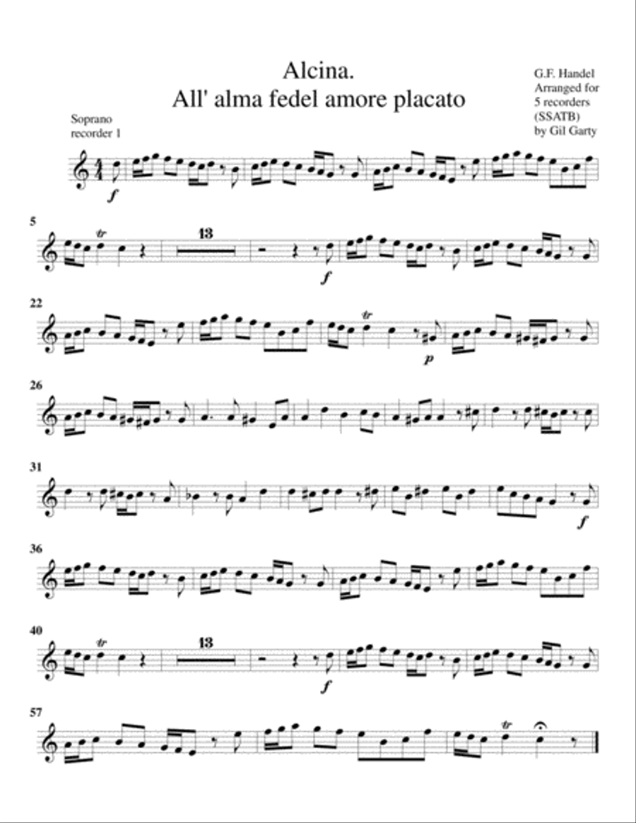 Aria: All' alma fedel amore placato from Alcina (arrangement for 5 recorders) Recorder scores gallery preview page 6