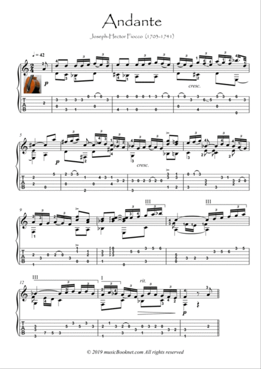 Andante by Fiocco classical Guitar solo Acoustic Guitar scores gallery preview page 1
