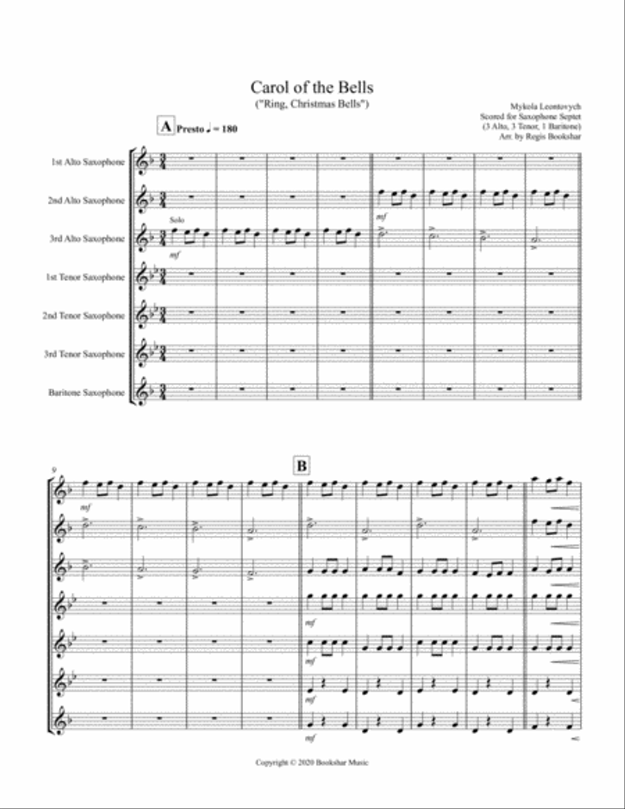 Carol of the Bells (F min) (Saxophone Septet - 3 Alto, 3 Tenor, 1 Bari) Woodwind Ensemble scores gallery preview page 1