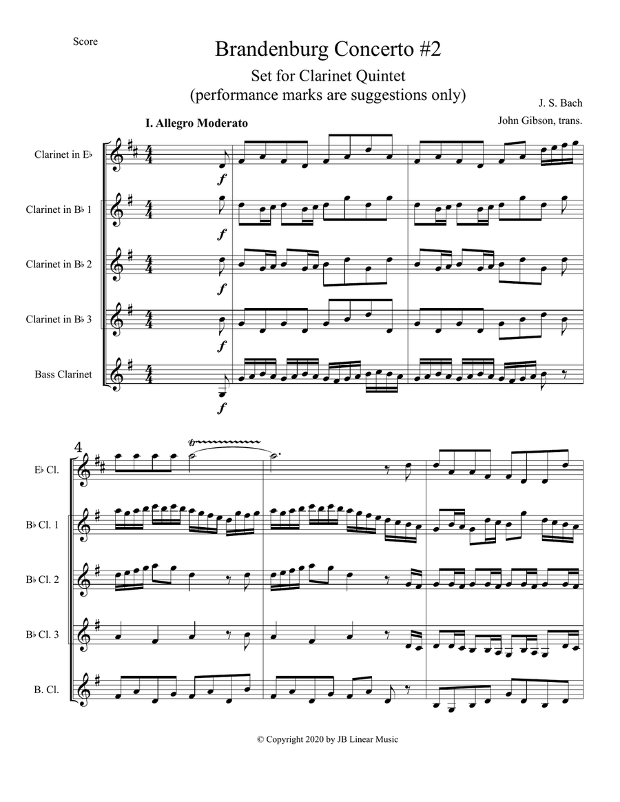 Bach Brandenburg Concerto #2 for clarinet quintet or choir Clarinet Quintet scores gallery preview page 2