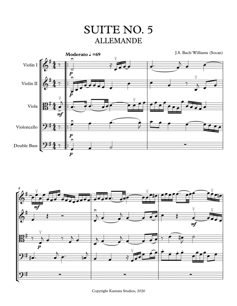 SUITE NO. 5 BY BACH ARRANGED FOR STRING ORCHESTRA Chamber Music scores gallery preview page 1