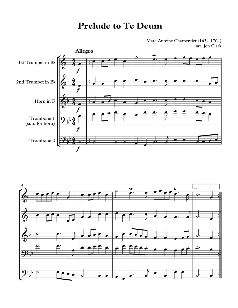 Prelude to Te Deum - Marc-Antoine Charpentier (1634-1704) arr. Jon Clark Brass Ensemble scores gallery preview page 1