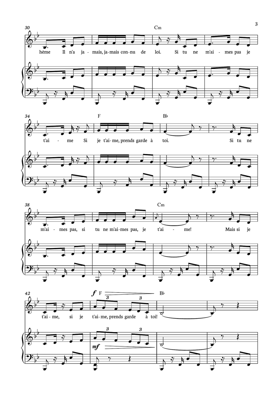 Habanera - Carmen for piano, chords and voice in Bb minor. Piano, Vocal scores gallery preview page 3