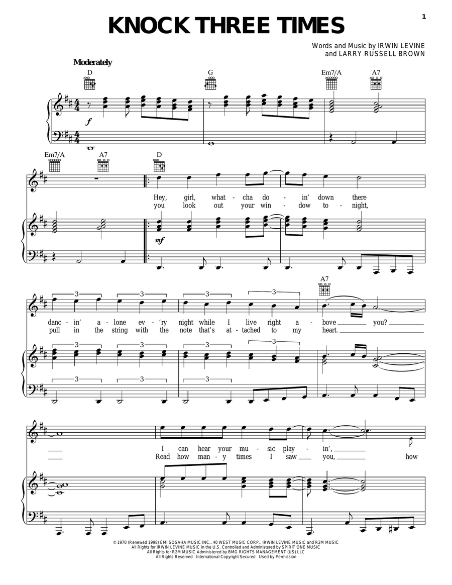 Knock Three Times Piano, Vocal, Guitar scores gallery preview page 1