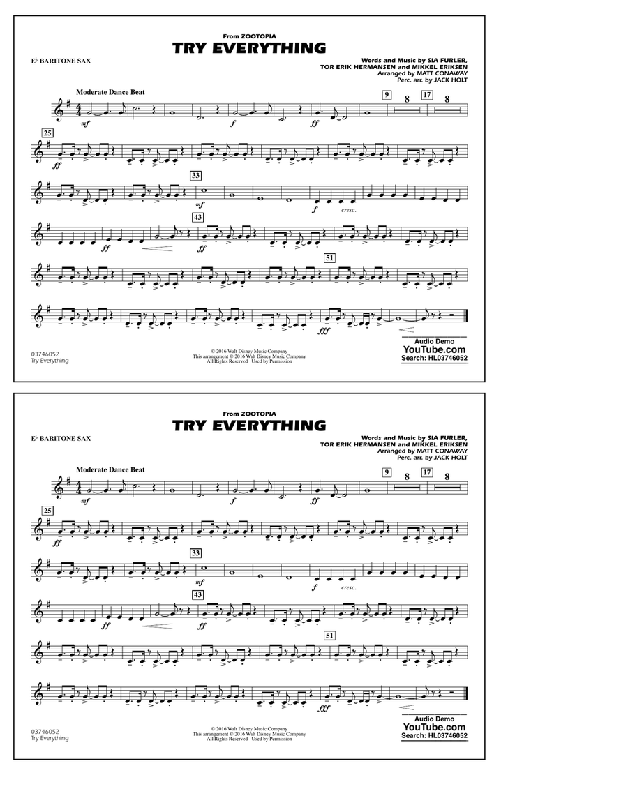 Try Everything (from Zootopia) - Eb Baritone Sax