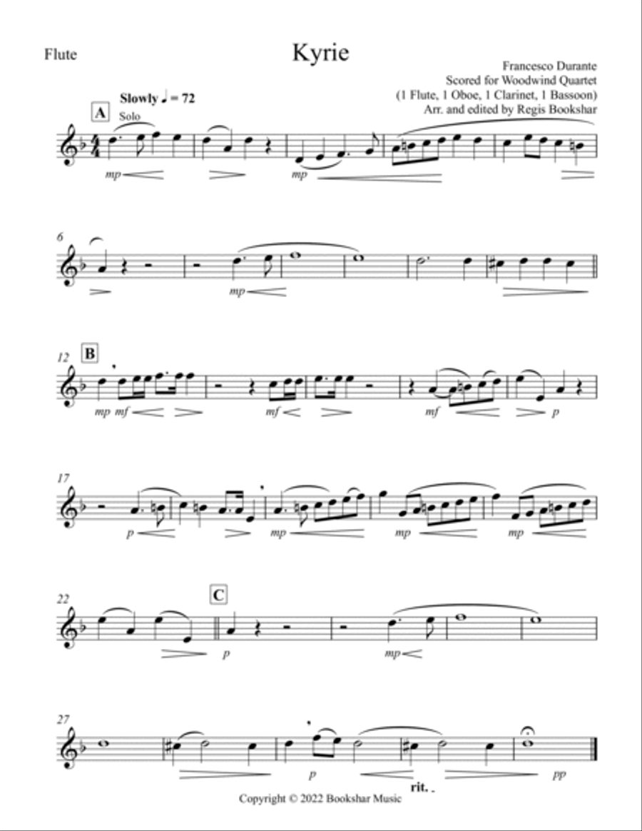 Kyrie (Durante) (Woodwind Quartet - 1 Flute, 1 Oboe, 1 Clar, 1 Bassoon) Woodwind Quartet scores gallery preview page 4