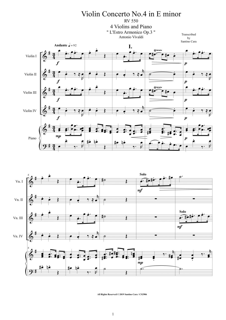 Vivaldi - Violin Concerto No.4 in E minor Op.3 RV 550 for 4 Violins and Piano String Quartet scores gallery preview page 1