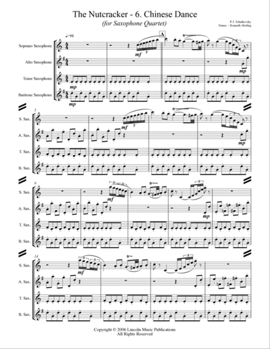 The Nutcracker Suite - 6. Chinese Dance (for Saxophone Quartet SATB) Saxophone Quartet scores gallery preview page 2