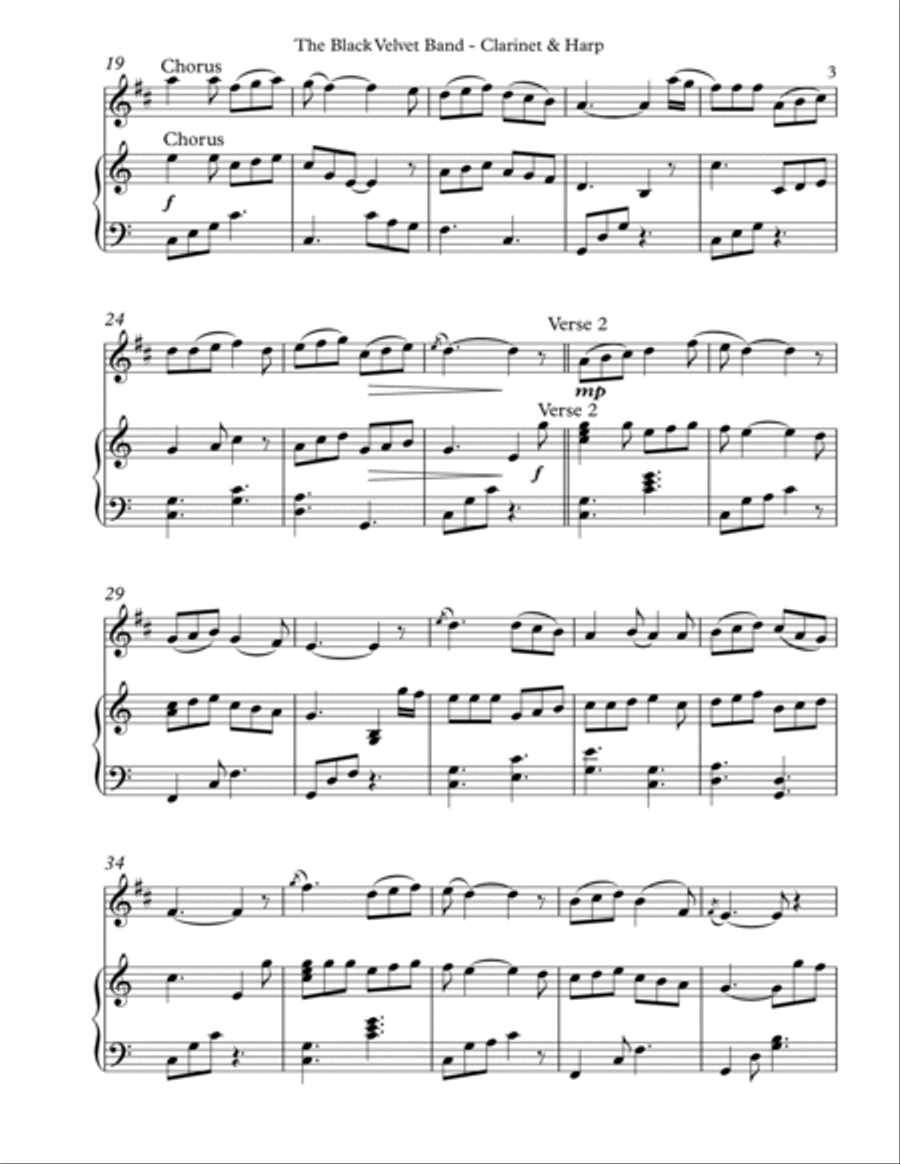 The Black Velvet Band, Duet for Bb Clarinet & Harp B-Flat Clarinet scores gallery preview page 3