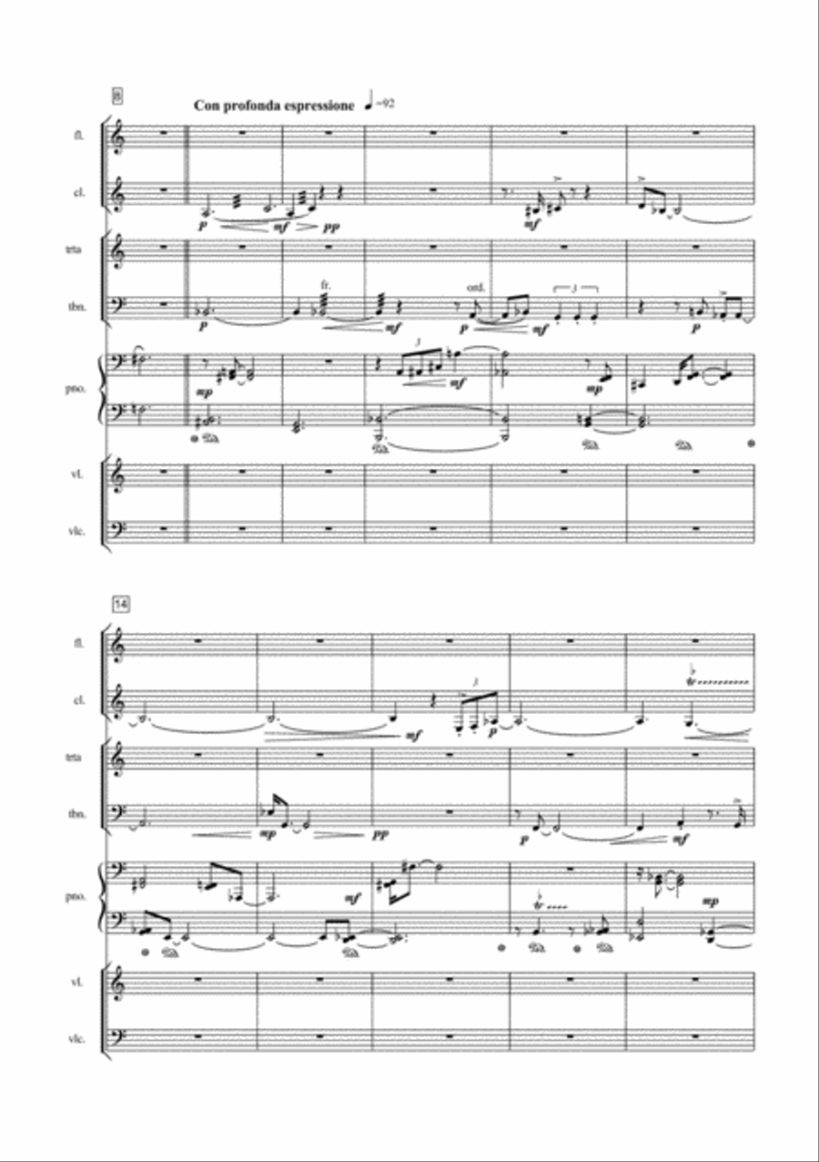 El Arbol Gris for Flute, Clarinet, Trombone, Piano, Violin and Cello Clarinet scores gallery preview page 3