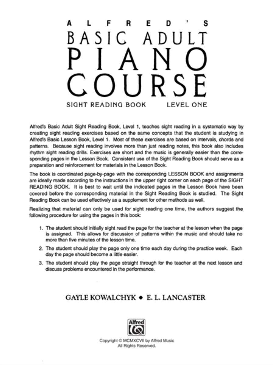 Alfred's Basic Adult Piano Course Sight Reading, Book 1