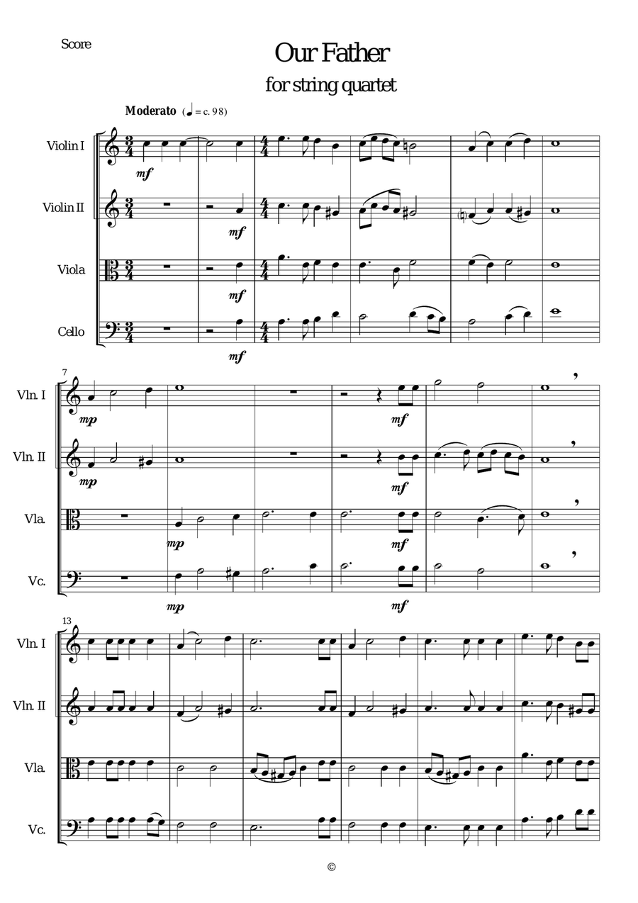Our Father (from my Preces and Resonses) arranged for string quartet String Quartet scores gallery preview page 1