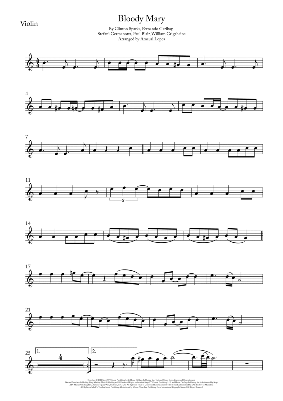 Bloody Mary Bloody Mary Violin Solo scores gallery preview page 1