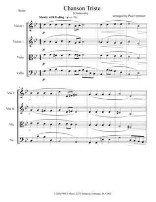 Chanson Triste - Tchakovsky - arranged for String Quartet