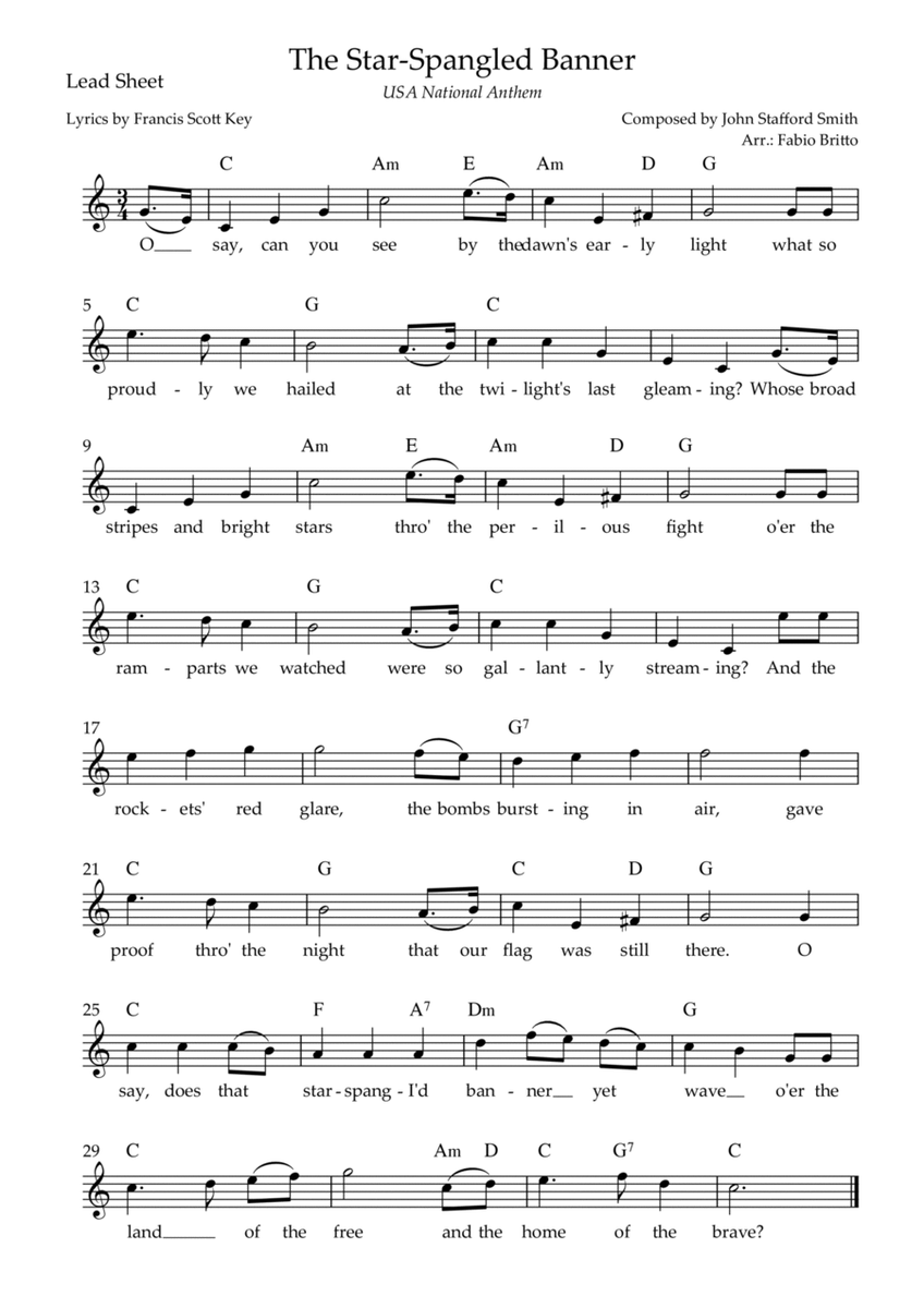 The Star-Spangled Banner (USA National Anthem) Lead Sheet in C Major