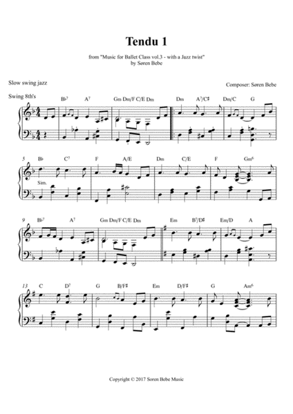 Tendu 1 (slow swing jazz) - Sheet Music for Ballet Class - from Music for Ballet Class Vol.3 - with a Jazz twist - by Søren Bebe image number null