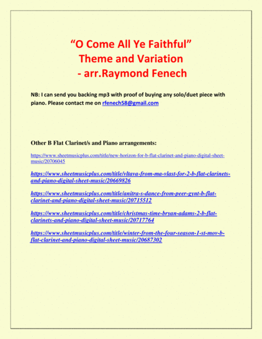 O Come All Ye Faithful (Adeste Fidelis) - Theme and Variation for Bb Clarinet and Piano - Advanced L image number null