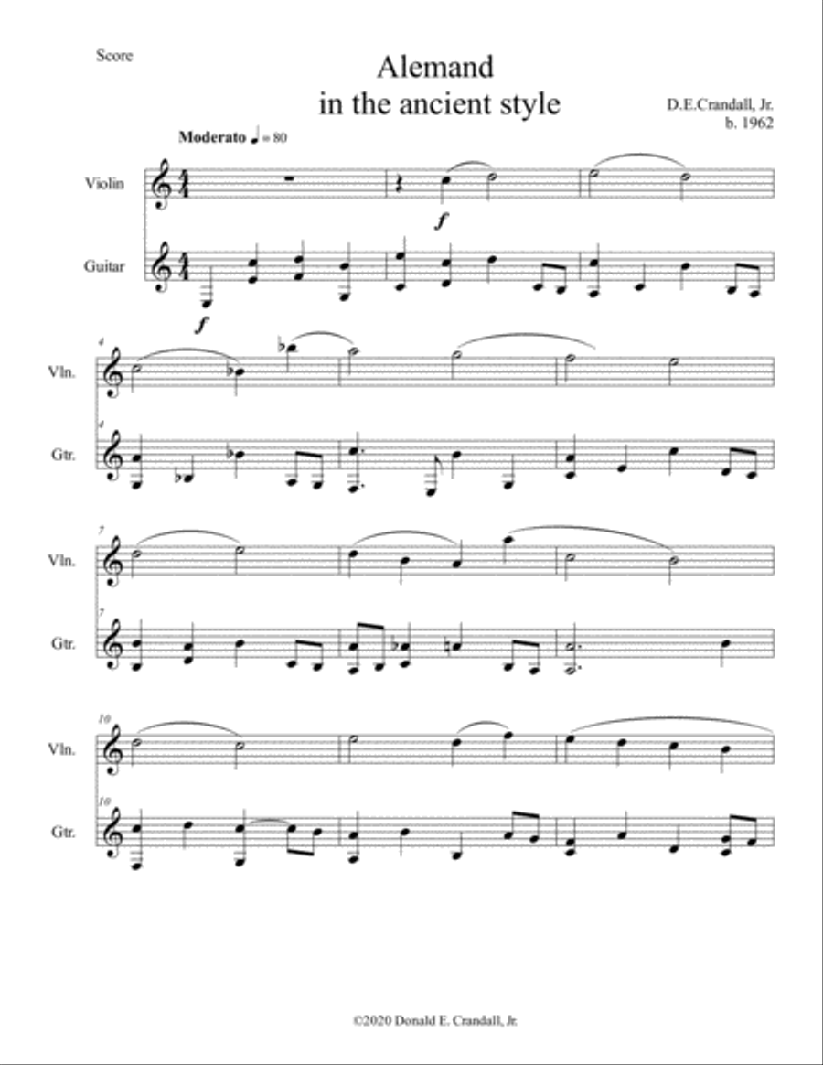 Alemand in the ancient style for Violin and Guitar, Gentle contemplative piece. String Duet scores gallery preview page 1