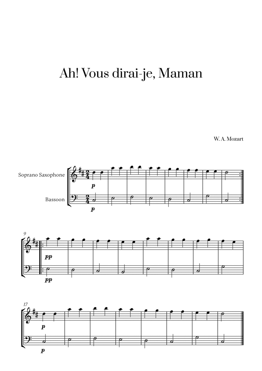 W. A. Mozart - Ah! Vous dirai-je, Maman for Soprano Saxophone and Bassoon image number null