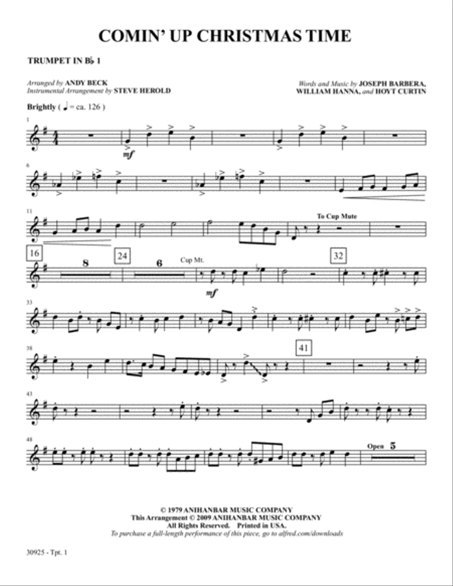 Comin' Up Christmas Time: 1st B-flat Trumpet B-Flat Trumpet scores gallery preview page 1