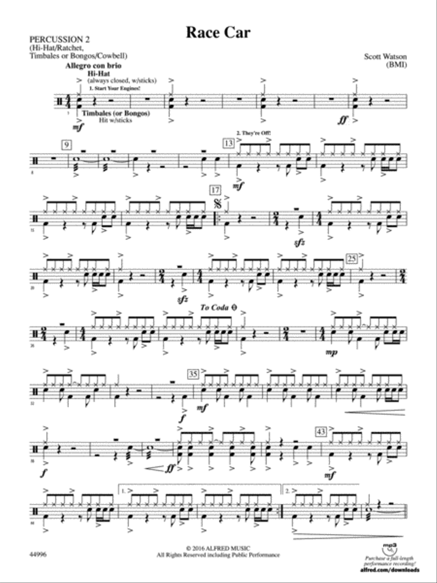 Race Car: 2nd Percussion Race Car: 2nd Percussion Concert Band scores gallery preview page 1
