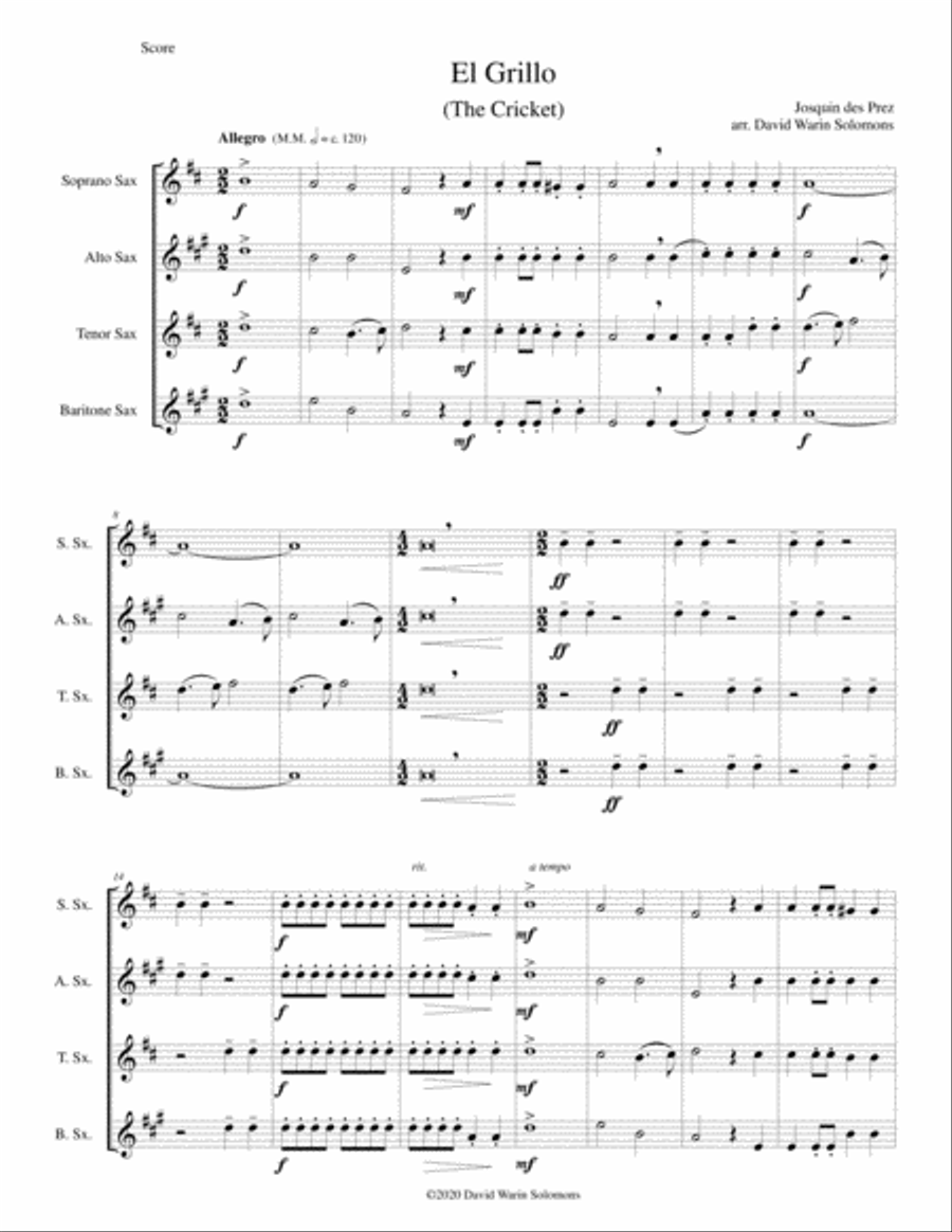 El Grillo (The cricket) - with decorations - for saxophone quartet Saxophone Quartet scores gallery preview page 1