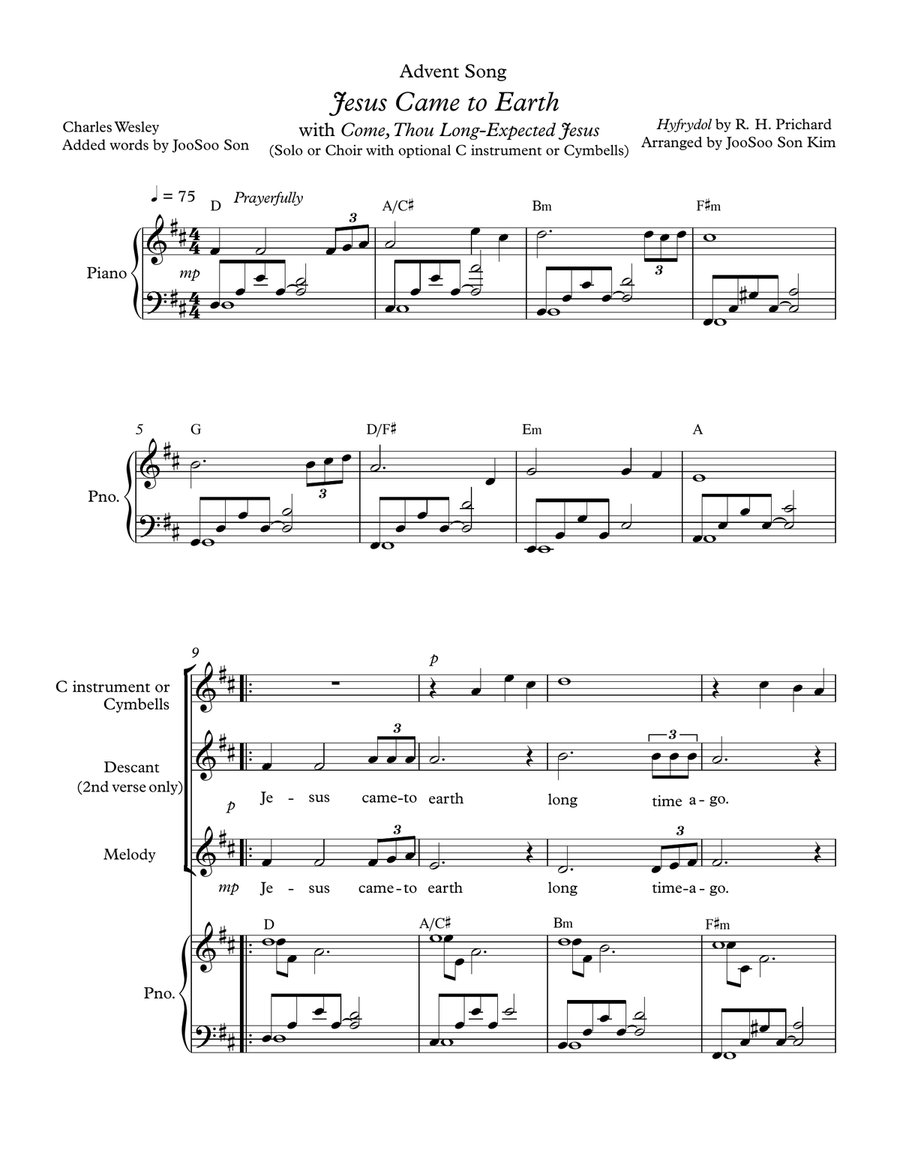 Advent Song: Jesus Came to Earth with Come, Thou Long-Expected Jesus Medium Voice scores gallery preview page 1