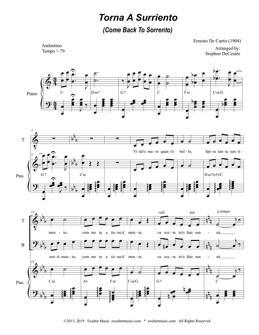 Torna A Surriento (Come Back to Sorrento) (Duet for Tenor and Bass Solo) Bass Voice scores gallery preview page 2