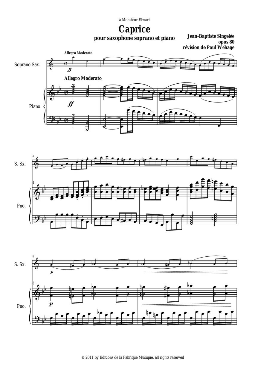 Jean-Baptiste Singelée - Caprice for Soprano saxophone and piano Soprano Saxophone scores gallery preview page 2
