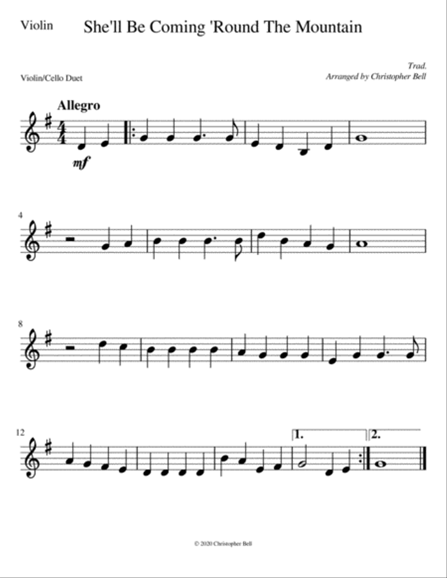 She'll Be Coming 'Round The Mountain - Easy Violin/Cello Duet String Duet scores gallery preview page 2