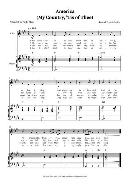 America (My Country, 'Tis of Thee) - Voice and Piano in E (+CHORDS) image number null