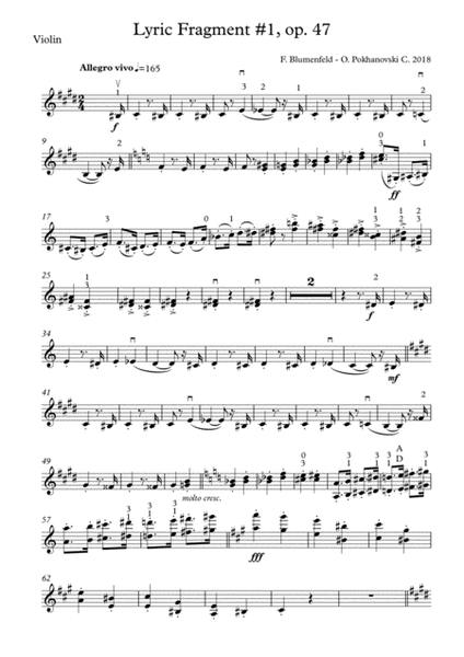 Blumenfeld-Pokhanovski Lyric Fragment #1 arranged for violin and piano image number null