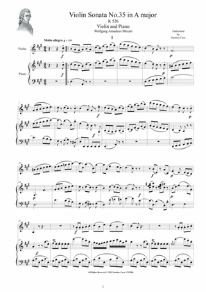 Mozart - Violin Sonata No.35 in A major K 526 for Violin and Piano - Score and Part