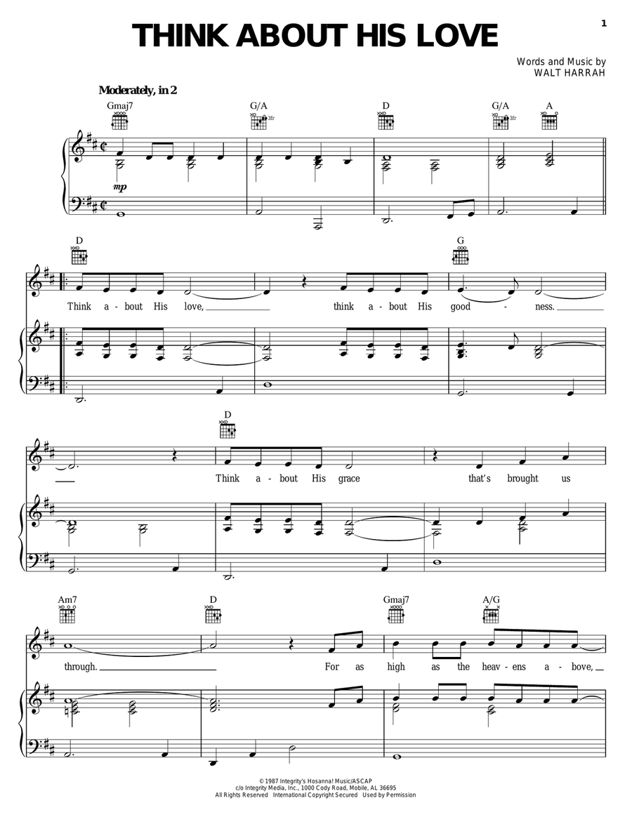 Think About His Love Piano, Vocal, Guitar scores gallery preview page 1