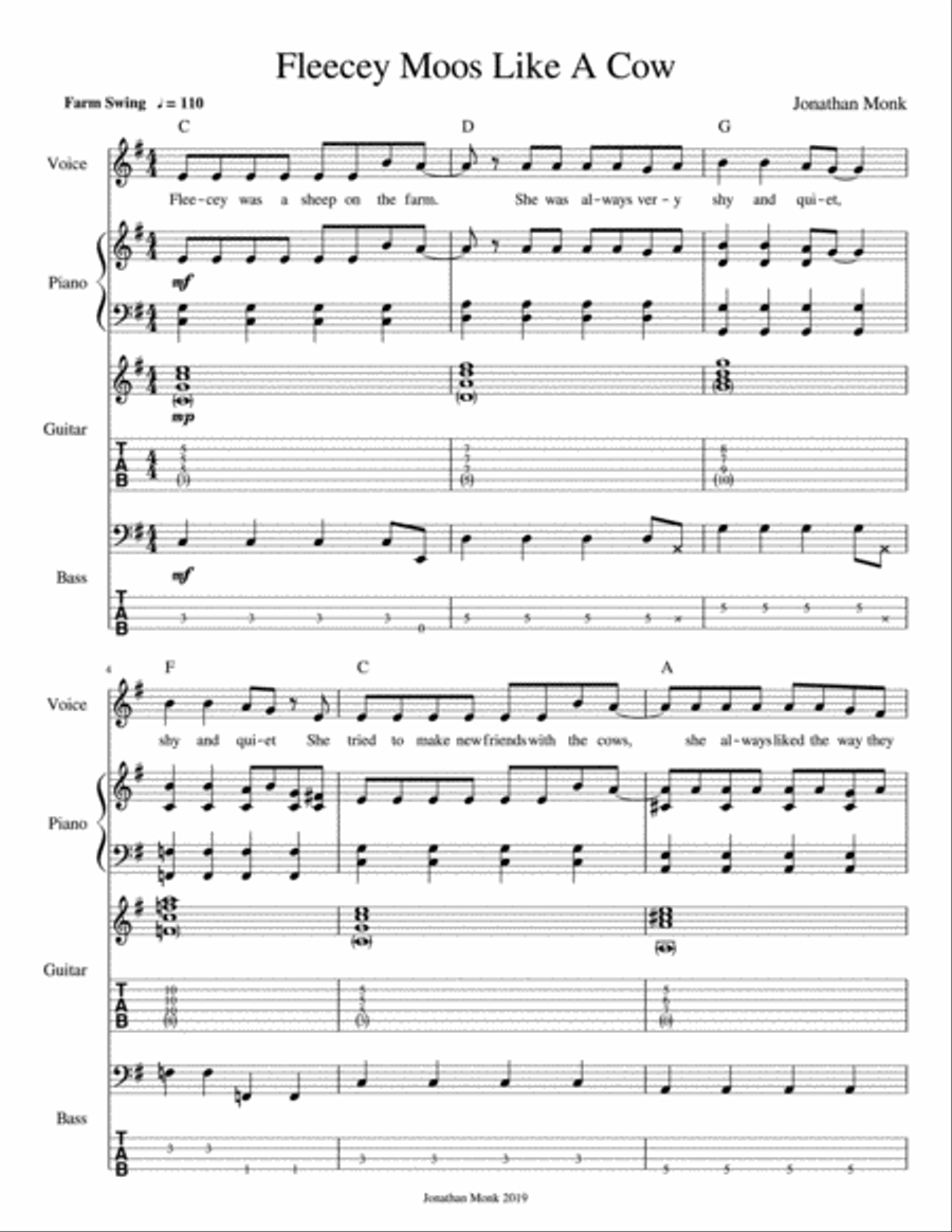 Fleecey Moos Like A Cow Piano, Vocal, Guitar scores gallery preview page 1
