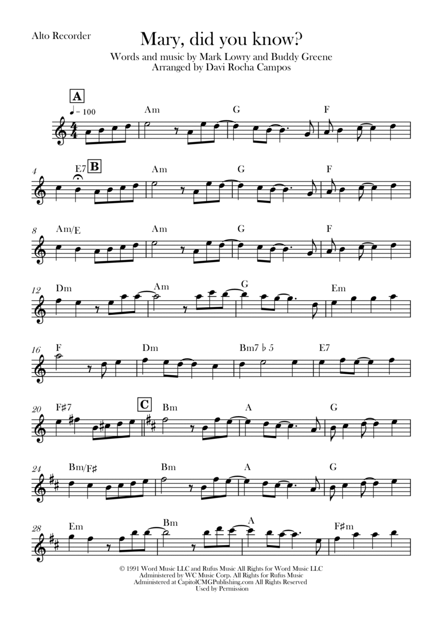 Mary, Did You Know? Recorder scores gallery preview page 1
