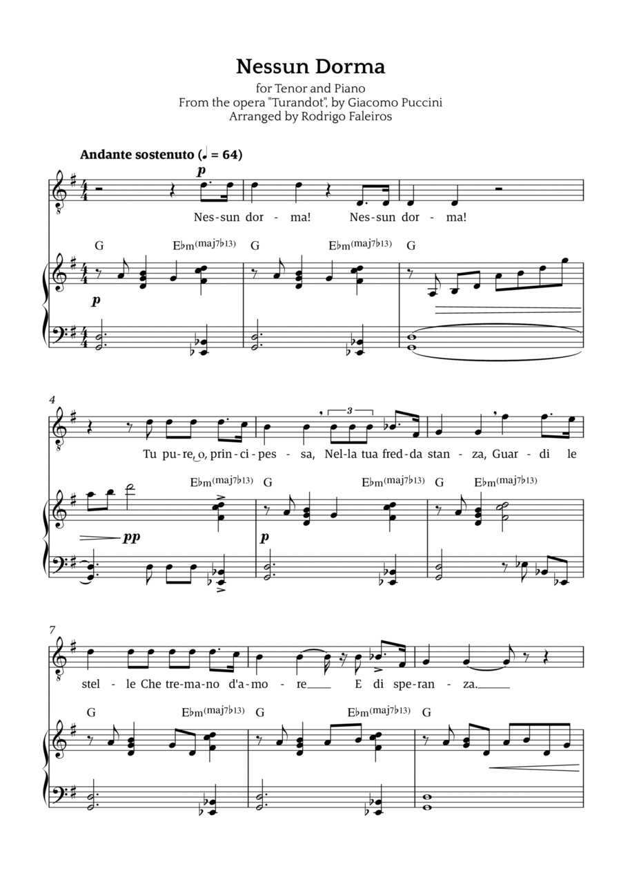 Nessun Dorma (for tenor and piano) Chamber Music scores gallery preview page 1