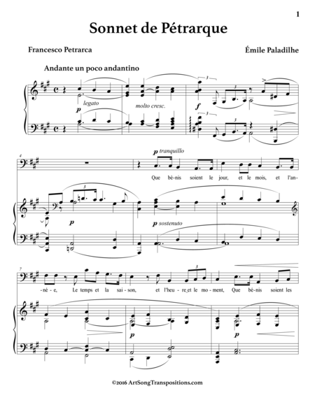 PALADILHE: Sonnet de Pétrarque (transposed to A major, bass clef)