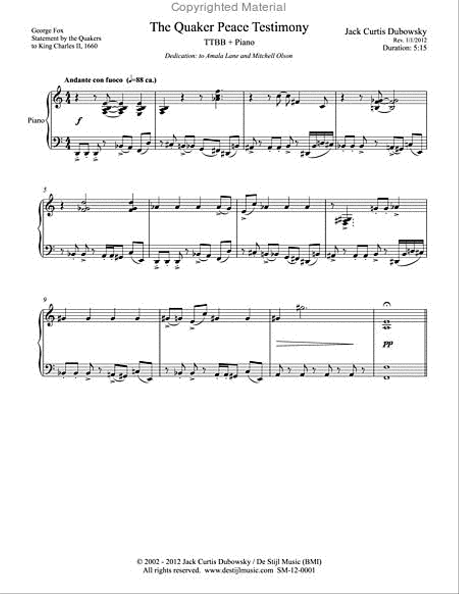 Quaker Peace Testimony (TTBB + Piano) TTBB scores gallery preview page 2