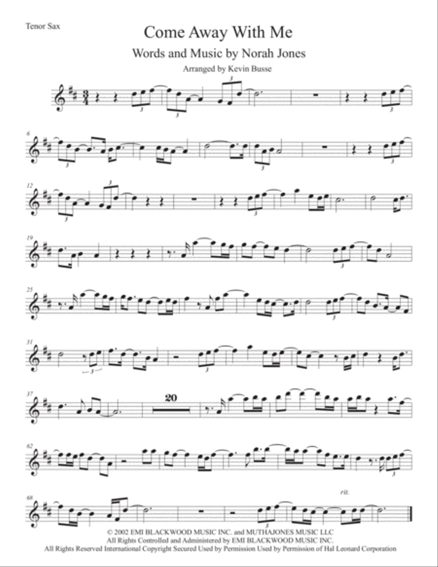 Come Away With Me Come Away With Me Tenor Saxophone scores gallery preview page 1