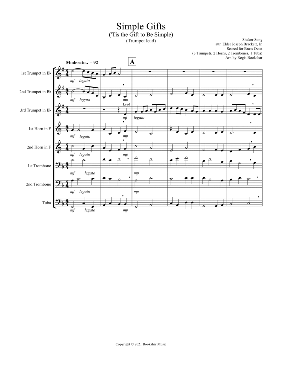 Simple Gifts ('Tis the Gift to Be Simple) (F) (Brass Octet - 3 Trp, 2 Hrn, 2 Trb, 1 Tuba) (Trumpet l