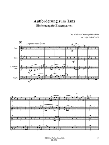 Aufforderung zum Tanz op. 65 (für Bläserquartett (Flöte, Oboe, Klarinette, Fagott))