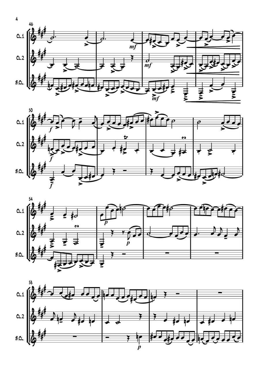 'Fugue in A Major' by Carl Philipp Emanuel Bach (Wq 119/4) for Clarinet Trio. Clarinet Trio scores gallery preview page 4