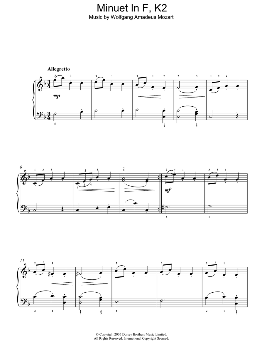 Minuet in F Major, K.2 Easy Piano scores gallery preview page 1