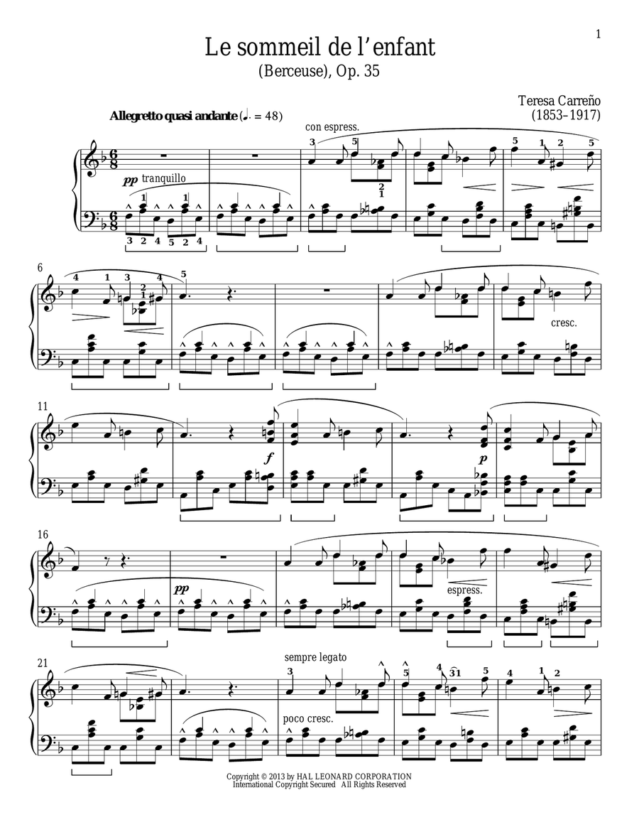 Le sommeil de l'enfant (Berceuse), Op. 35