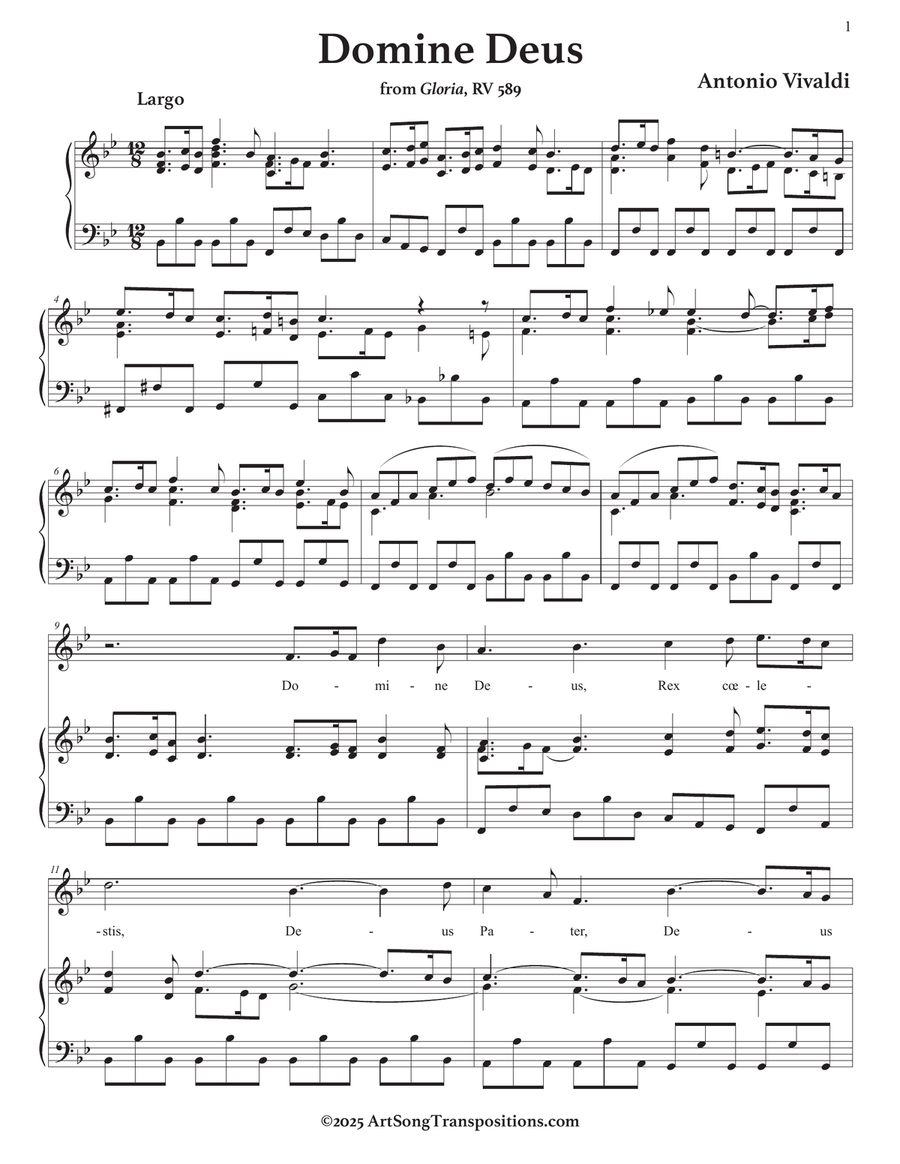 VIVALDI: Domine Deus, RV 589 (transposed to B-flat major) Piano, Vocal scores gallery preview page 2