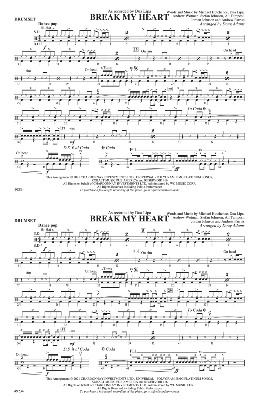 Break My Heart: Drums Marching Band scores gallery preview page 1