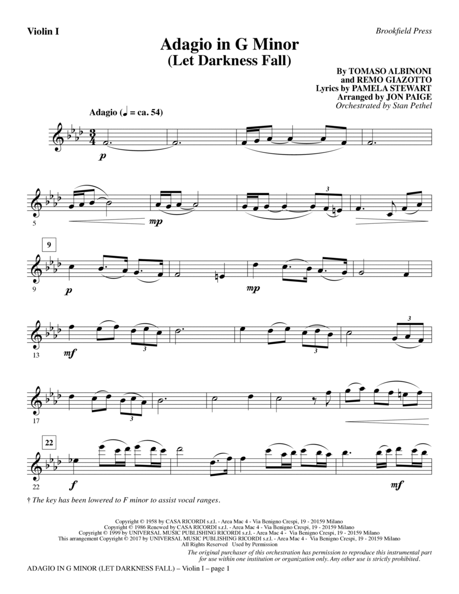 Adagio In G Minor (Let Darkness Fall) - Violin 1 Choir scores gallery preview page 1