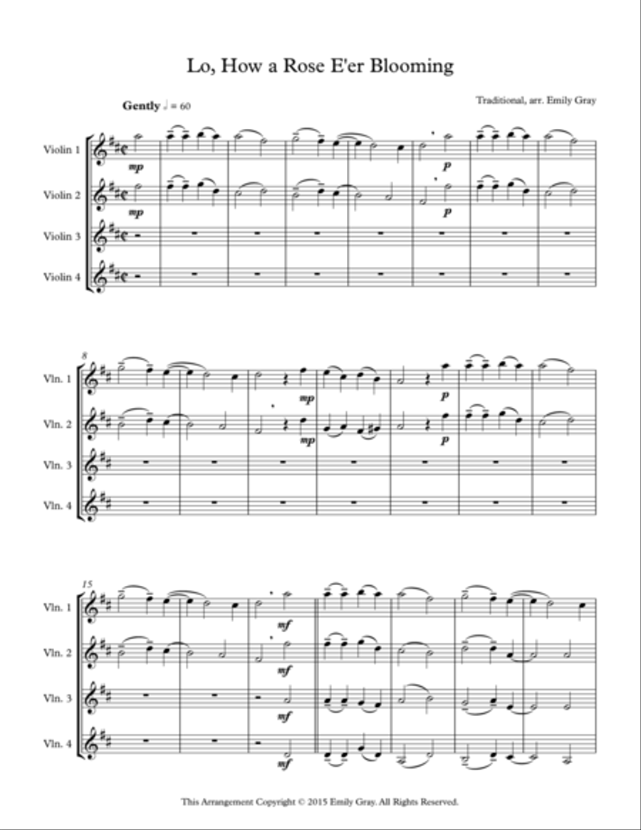 Lo, How a Rose E'er Blooming (4 violins) Violin scores gallery preview page 1